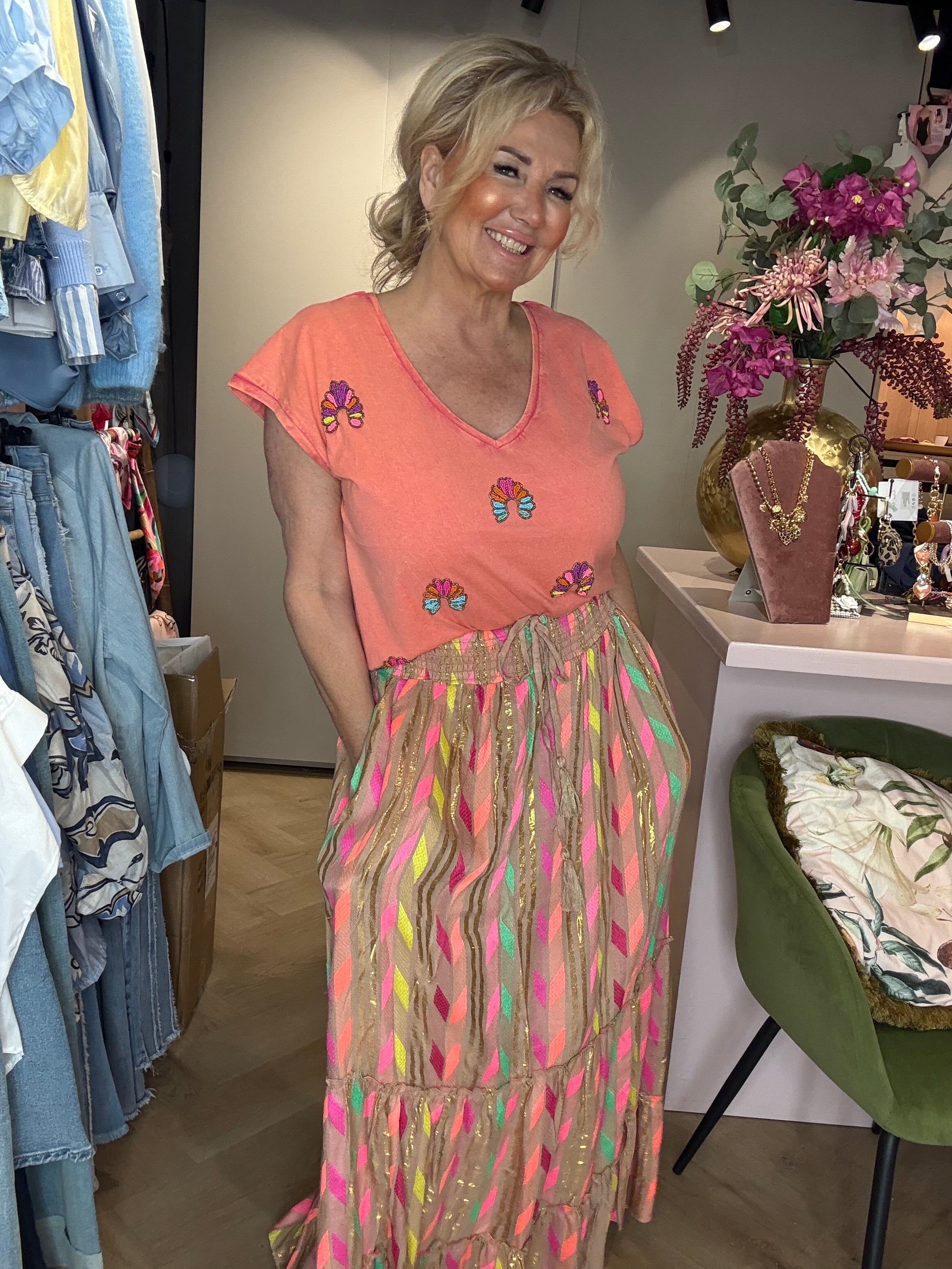 T shirt Kralen Oranje Stone wash